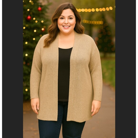 J. Jill Beige Gold Sequins Longline Sweater Cardigan 3X Open Knit Mohair Blend - Picture 1 of 13